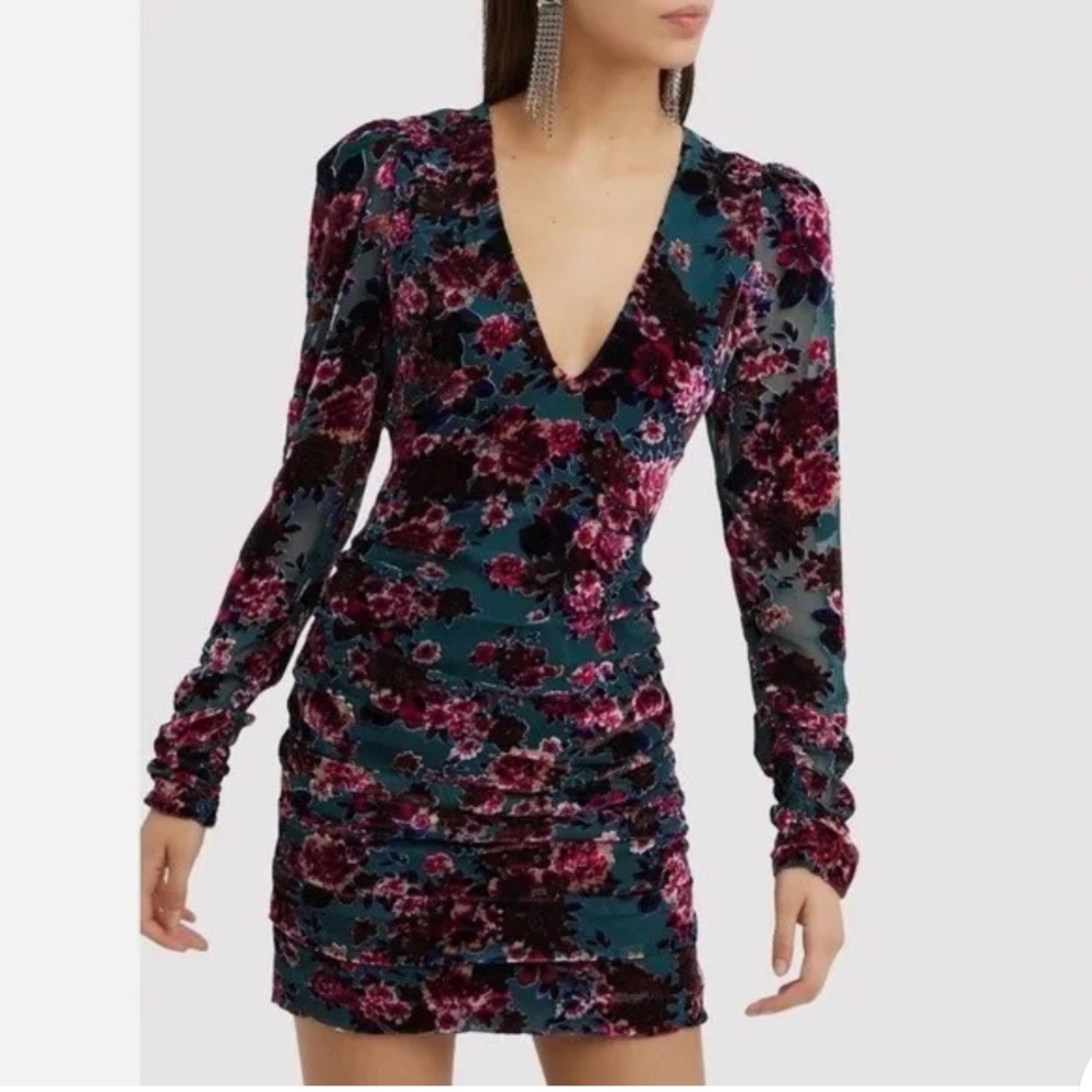 Ronny Kobo Collection Silk Floral Velvet Burnout Ruched Mini Dress Size XS